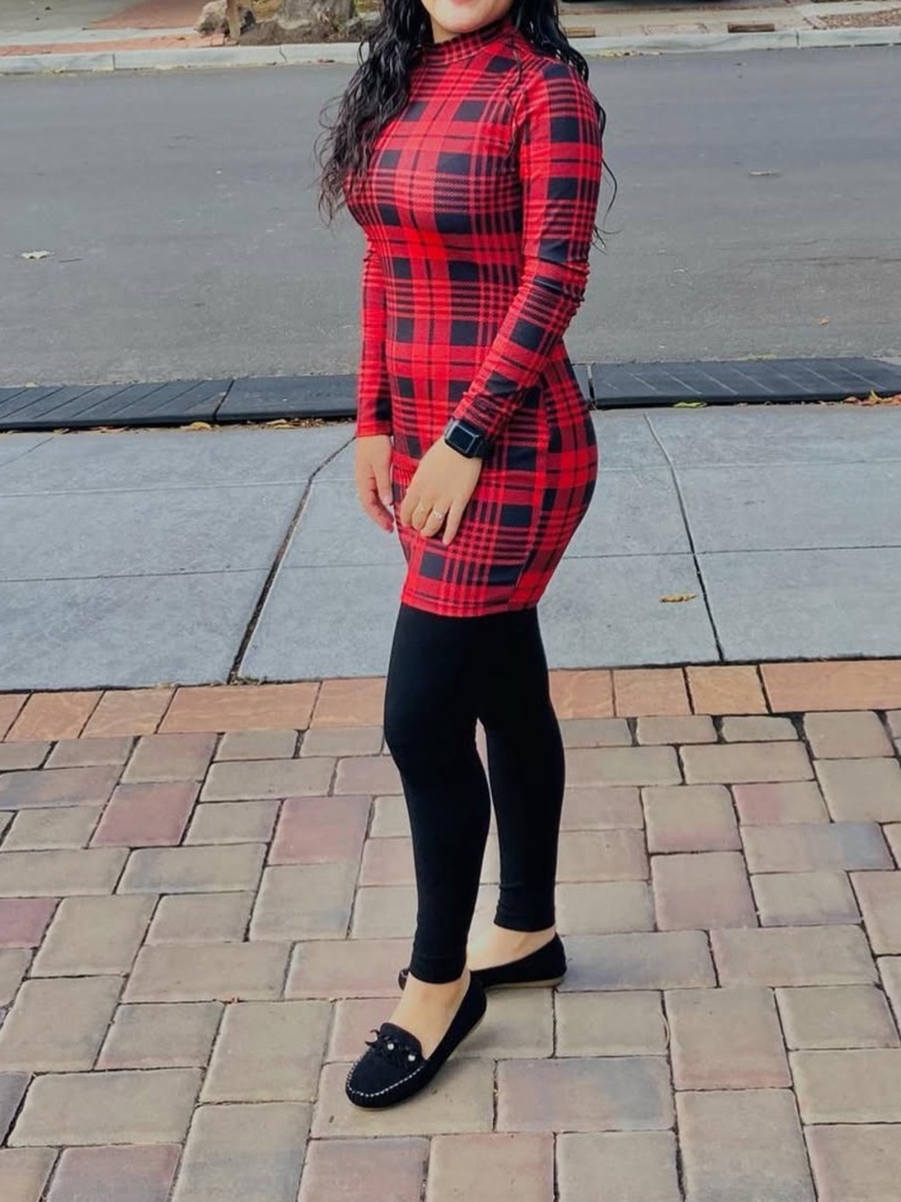 Red Plaid Bodycon Turtleneck Dress